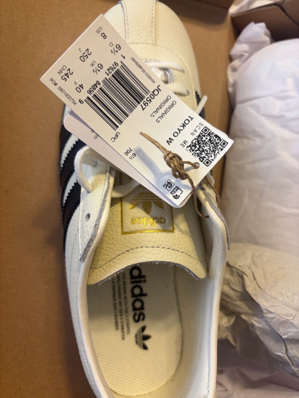 Brand new women’s adidas Tokyo White Leather Sneakers with Black Stripes